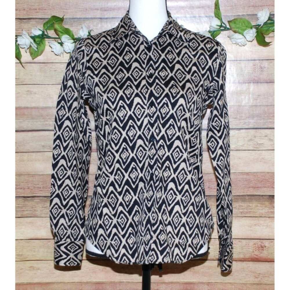 Lauren Ralph Lauren Ladies Brown Beige Button Up Geo Print Shirt Size S Non Iron
